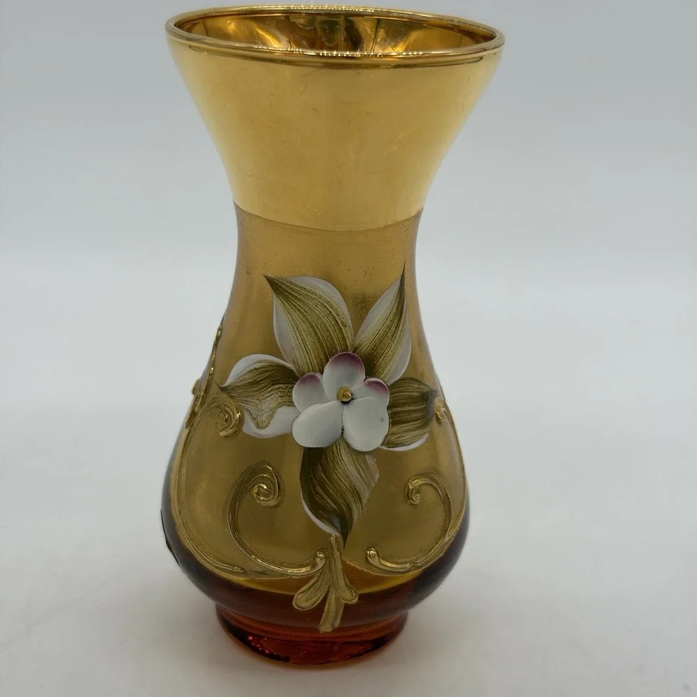 Vintage Venetian VR Italy Amber Glass Mini Vase Hand Painted Floral Gold Gilt 4